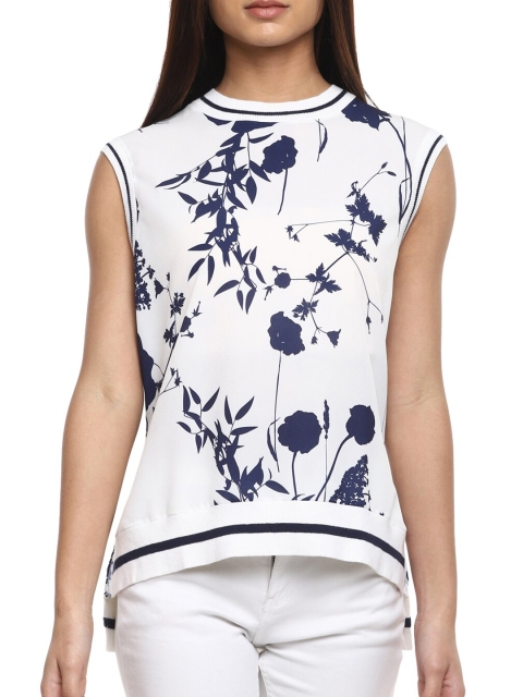 

Ted Baker Women White & Navy Blue Floral Printed Pure Cotton Top