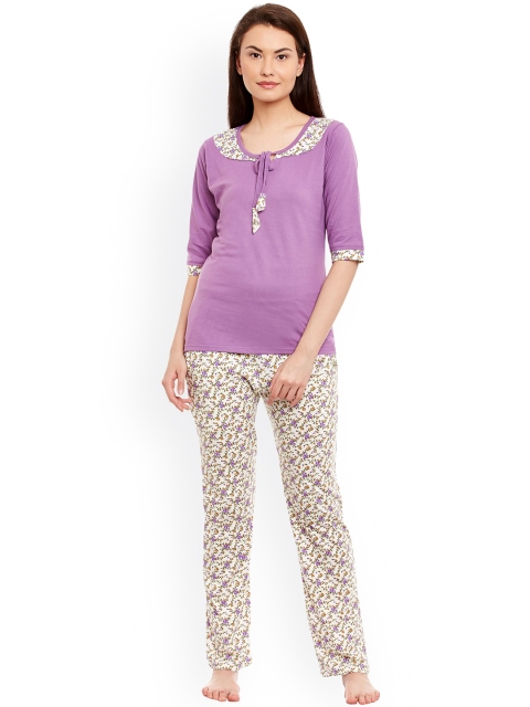 

Claura Purple & White Floral Print Nightsuit cot-26