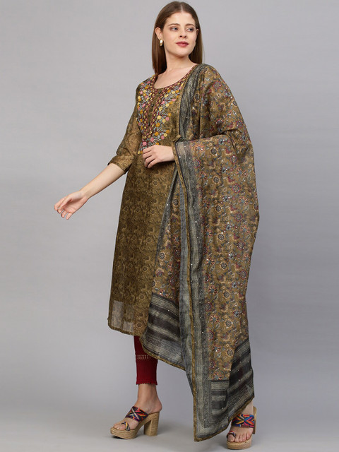 

FASHOR Women Green Floral Printed Chanderi Silk Chanderi Silk Kurta With Dupatta