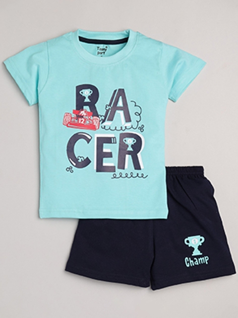

Toonyport Boys Blue & Navy Blue Printed Pure Cotton T-shirt with Shorts