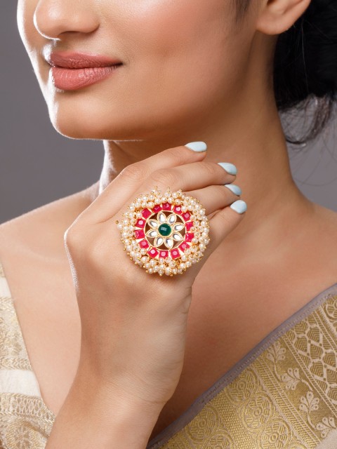 

Anouk Gold-Toned White & Magenta Kundan Studded & Beaded Enamelled Finger Ring