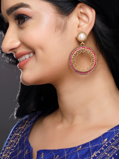 

Anouk Gold-Plated & Pink Circular Studded Drop Earrings