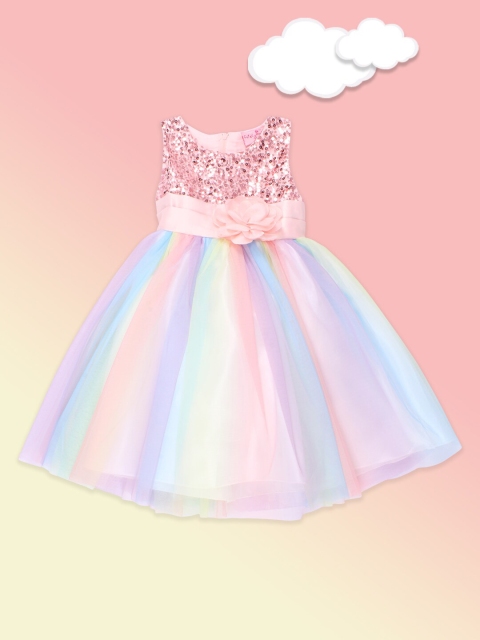 

CUTECUMBER Peach-Coloured & Blue Embellished Satin Dress