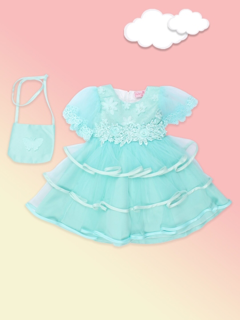 

CUTECUMBER Girls Sea Green Tired Satin Fit & Flare Dress With Purse