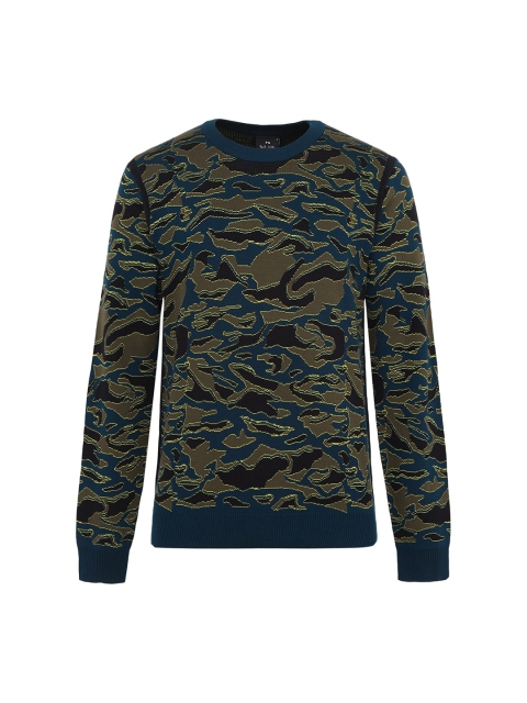 

PS By Paul Smith Men Navy Blue & Green Camouflaged Printed Cotton Pullover
