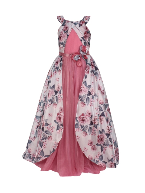 

CUTECUMBER Girls Pink & Beige Printed Layered Maxi Dress