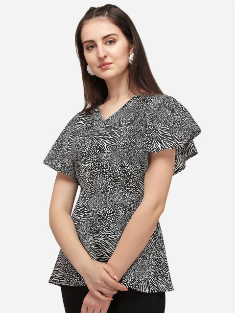 

Amrutam Fab Black & White Animal Print Monochrome Crepe Top