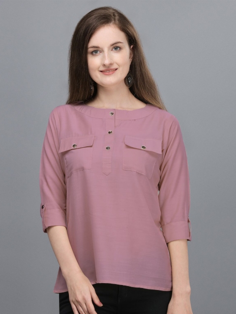 

Amrutam Fab Mauve Roll-Up Sleeves Crepe Shirt Style Top