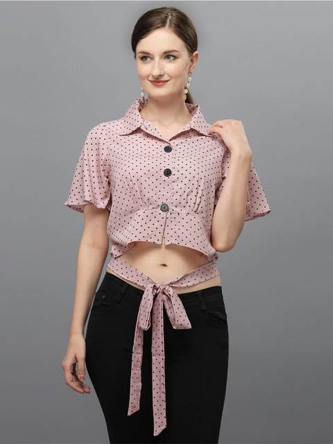 

Amrutam Fab Rose Polka Dots Print Crepe Shirt Style Tie-Up Crop Top