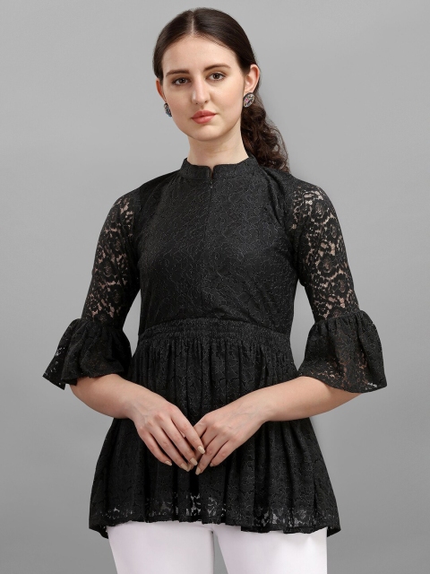 

Amrutam Fab Women Black Mandarin Collar Net Peplum Top