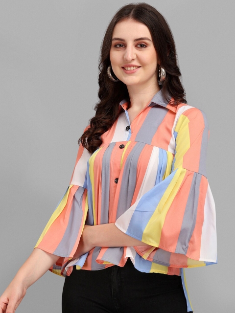 

Amrutam Fab Peach-Coloured Striped Crepe Shirt Style Top