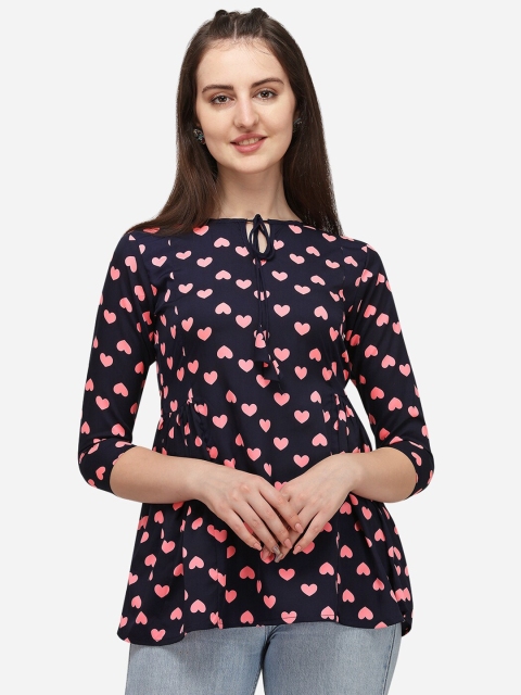 

Amrutam Fab Navy Blue & Pink Heart Print Tie-Up Neck Crepe Top