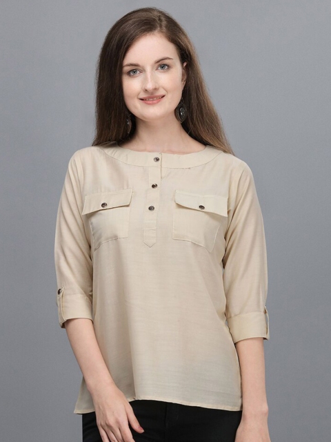 

Amrutam Fab Women Beige Roll-Up Sleeves Crepe High-Low Top