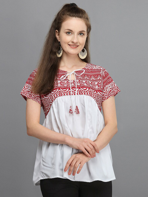 

Amrutam Fab White Printed Tie-Up Neck Top
