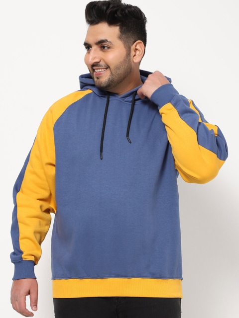 

Bewakoof Plus Men Blue & Yellow Colourblocked Hooded Sweatshirt
