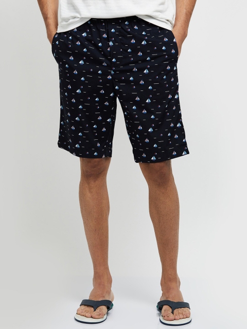 

max Men Navy Blue High-Rise Printed Cotton Lounge Shorts