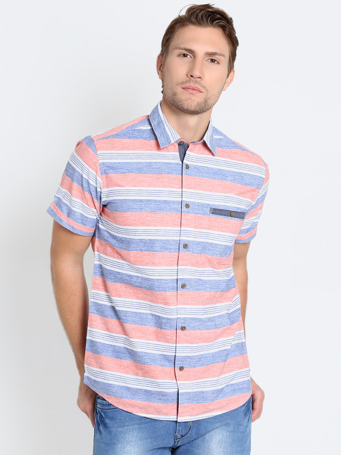 

Pepe Jeans Men Coral Orange & Blue Tailored Fit Striped Casual Shirt