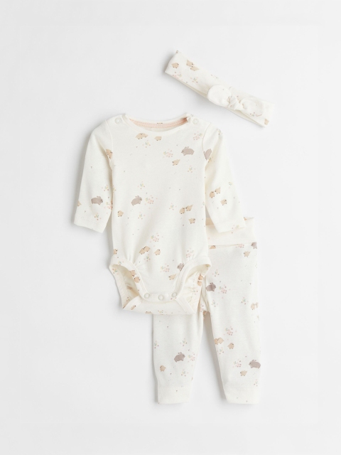 

H&M Girls White Printed 3-Piece Cotton Set