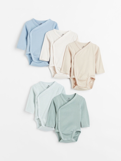 

H&M Girls Pack of 5 Green Solid Cotton Wrapover Bodysuits