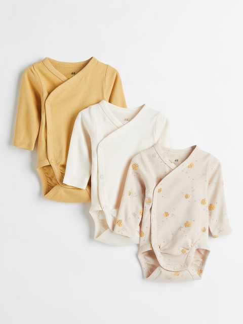 

H&M Girls 3-Pack Long-Sleeved Bodysuits, Beige