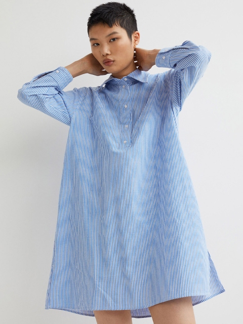 

H&M Women Blue & White Striped Pure Cotton Shirt Dress
