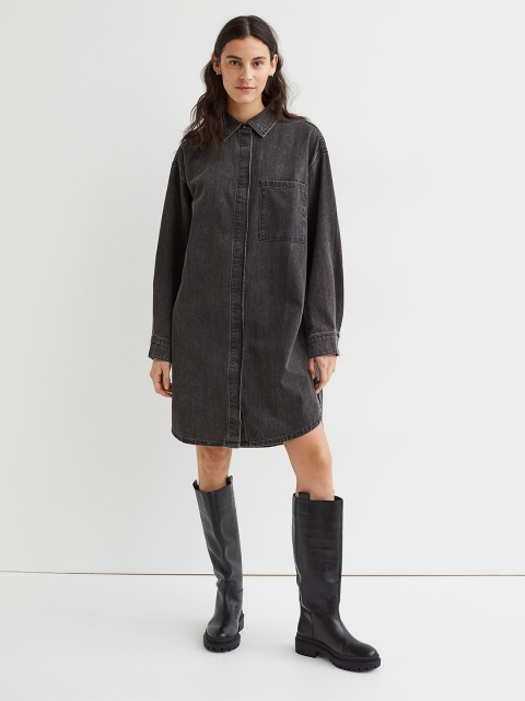 

H&M Women Black Solid Pure Cotton Denim Shirt Dress
