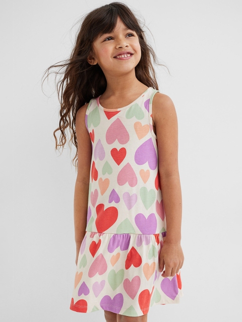 

H&M Girls Beige & Pink Patterned Pure Cotton Jersey Dress