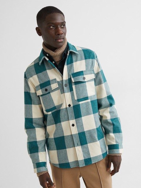 

H&M Men Green & Beige Checked Twill Overshirt