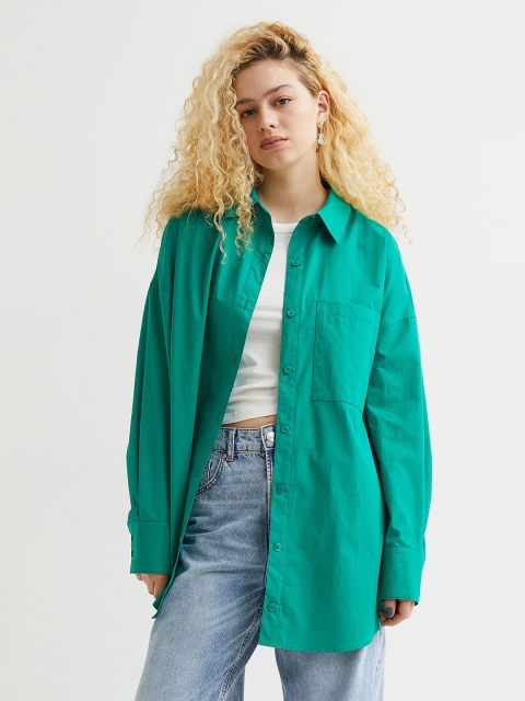 

H&M Women Solid Oversized Cotton Shirt, Green