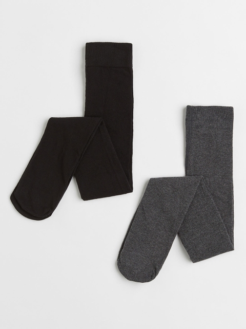 

H&M Girls Pack of 2 Black & Grey Solid Fine-Knit Tights