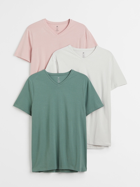 

H&M Men Pack Of 3 Solid Slim Fit T-shirts, Green