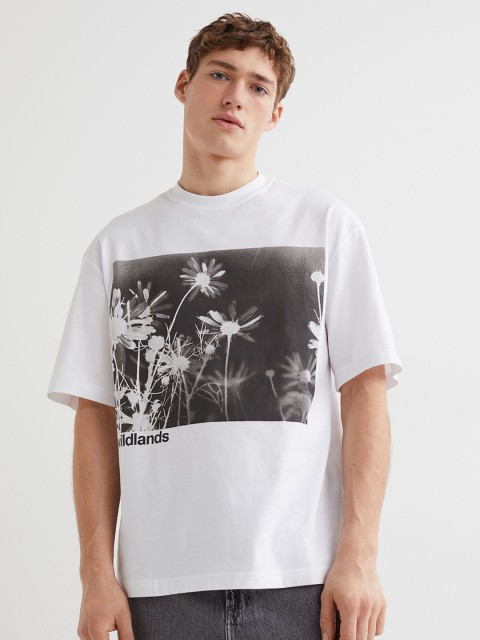 

H&M Men White Printed Relaxed Fit Cotton T-shirt
