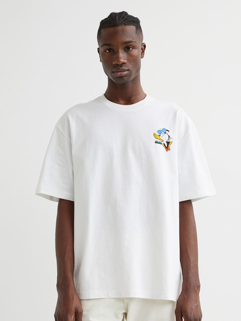 

H&M Men White Printed Relaxed Fit Pure Cotton T-shirt