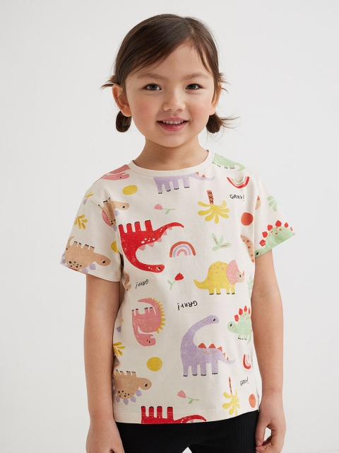 

H&M Girls Beige Printed Cotton T-shirt