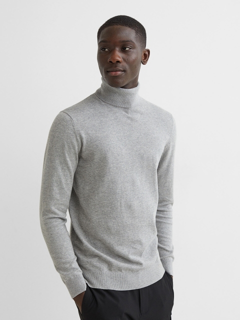 

H&M Men Grey Solid Slim Fit Fine-Knit Polo-Neck Jumper