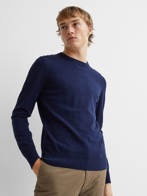 

H&M Men Blue Slim Fit Fine-Knit Cotton Jumper
