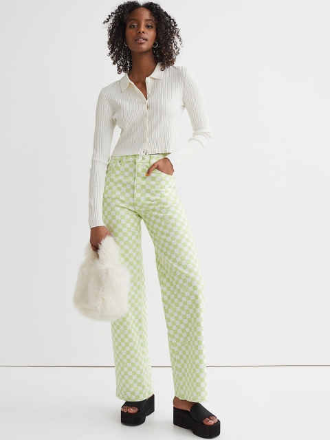 

H&M Women Lime Green Checked Wide Twill Trousers