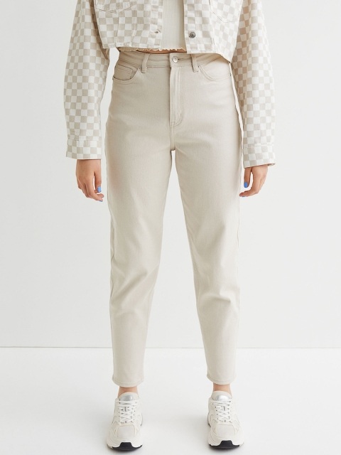 

H&M Women Beige Cropped Mom Loose Fit Twill Trousers