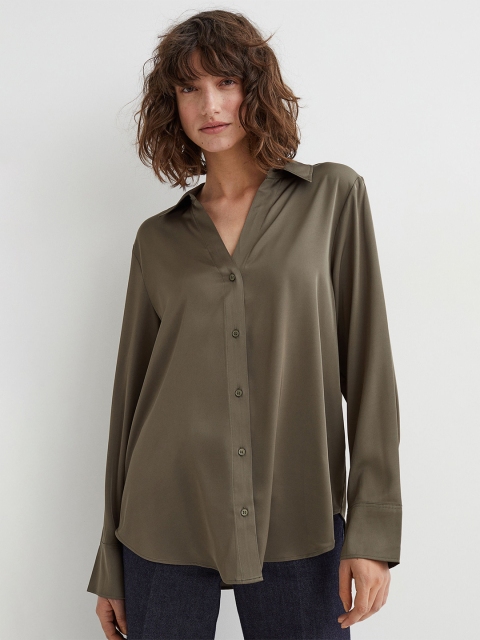 

H&M Women Olive Green Solid V-Neck Blouse