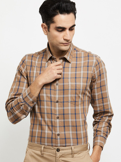 

max Men Brown Tartan Checks Checked Cotton Casual Shirt