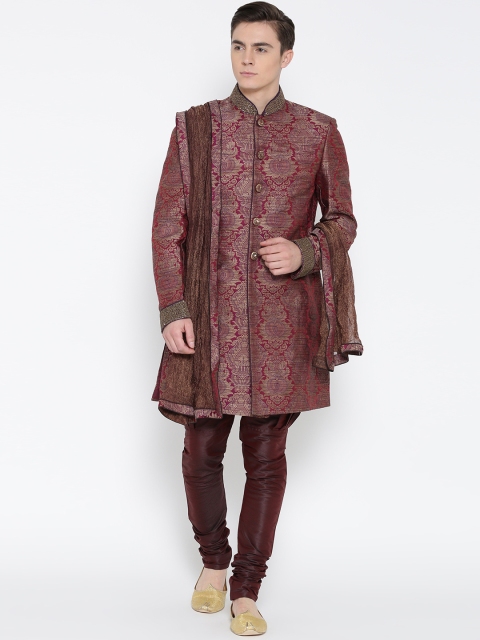 

Manish Creations Burgundy Brocade Pattern Handicraft Sherwani with Stole
