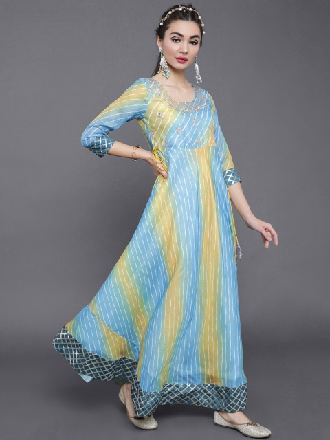 

saubhagya Blue & Yellow Leheriya Printed Ethnic Maxi Dress