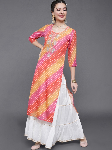 

saubhagya Women Orange & Pink Leheriya Printed Kurta