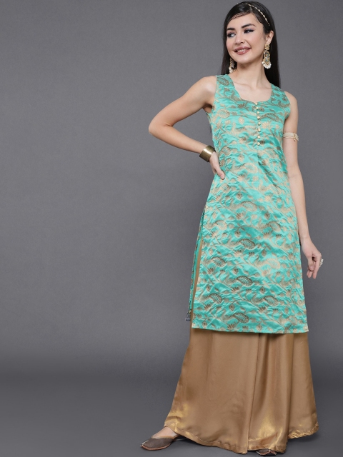 

saubhagya Women Sea Green Woven design Silk Kurta