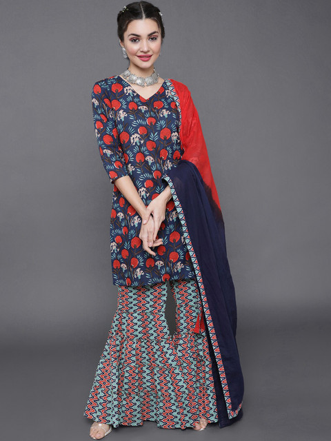 

saubhagya Women Blue Floral Printed Pure Cotton Kurta with Sharara & With Dupatta