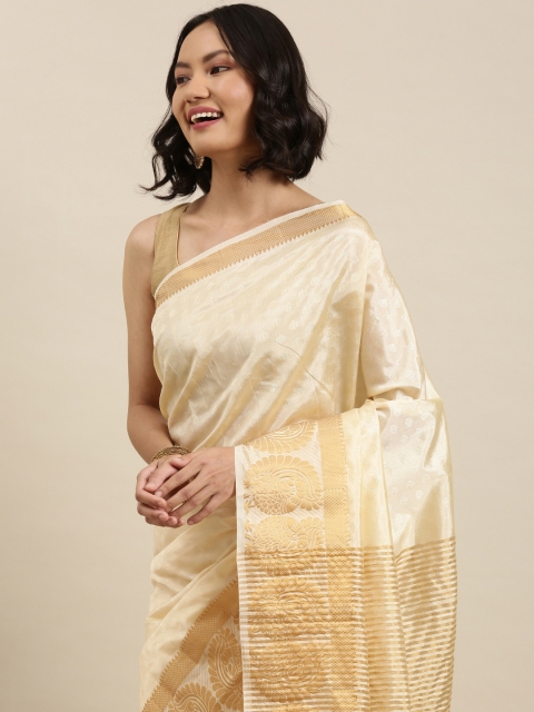 

Pothys Cream-Coloured & Golden Ethnic Motifs Jute Silk Saree