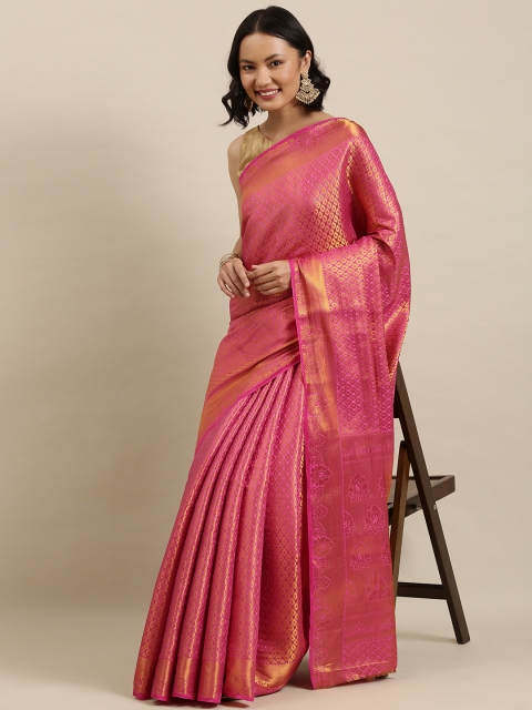 

Pothys Pink & Gold Floral Woven Design Art Silk Kanjeevaram Saree