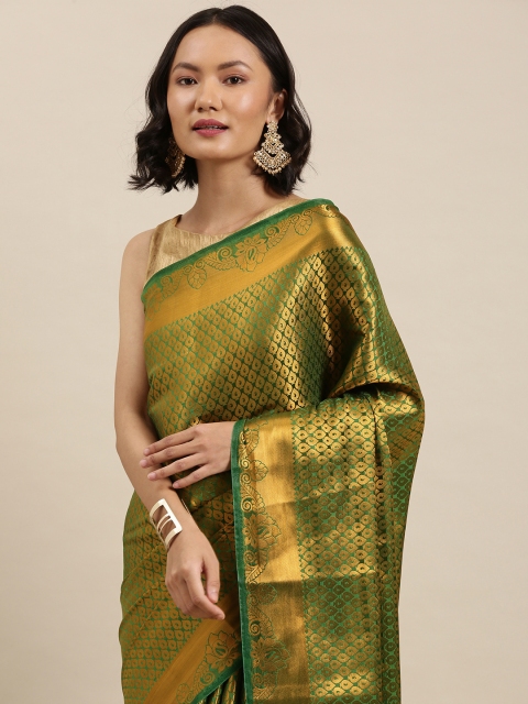 

Pothys Green & Gold Floral Woven Design Art Silk Kanjeevaram Saree