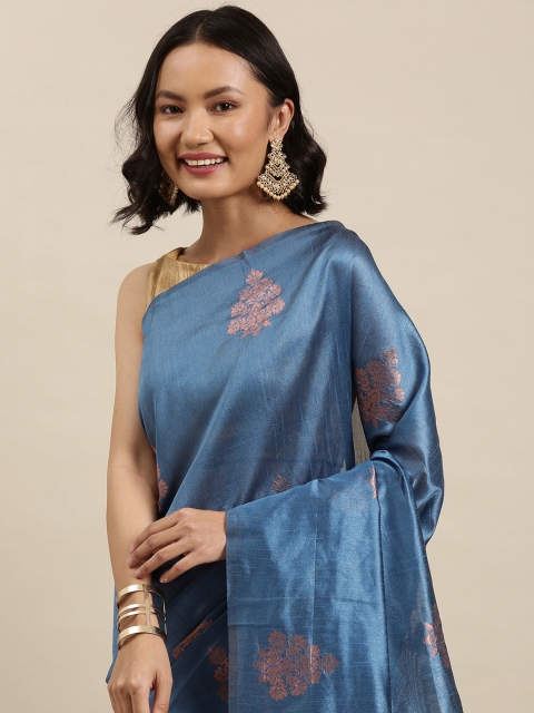 

Pothys Blue & Rose Gold Ethnic Motifs Silk Blend Banarasi Saree