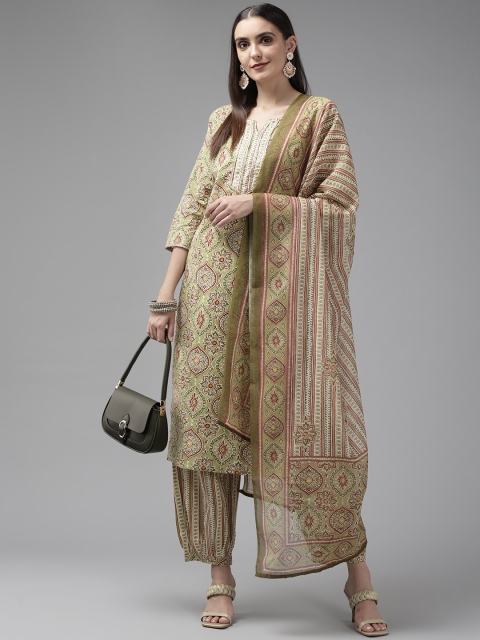 

Yufta Women Green & Ethnic Motifs Sequinned Pure Cotton Kurta with Salwar & With Dupatta